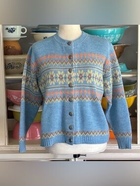 Vintage 1960’s Jersild Blue Fair Isle Floral Cardigan Sweater - Size Medium
